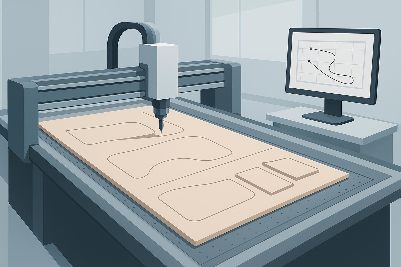 Illustration of a CNC knife cutter (digital cutting table) using an oscillating blade to cut flexible sheet material on a vacuum flatbed table