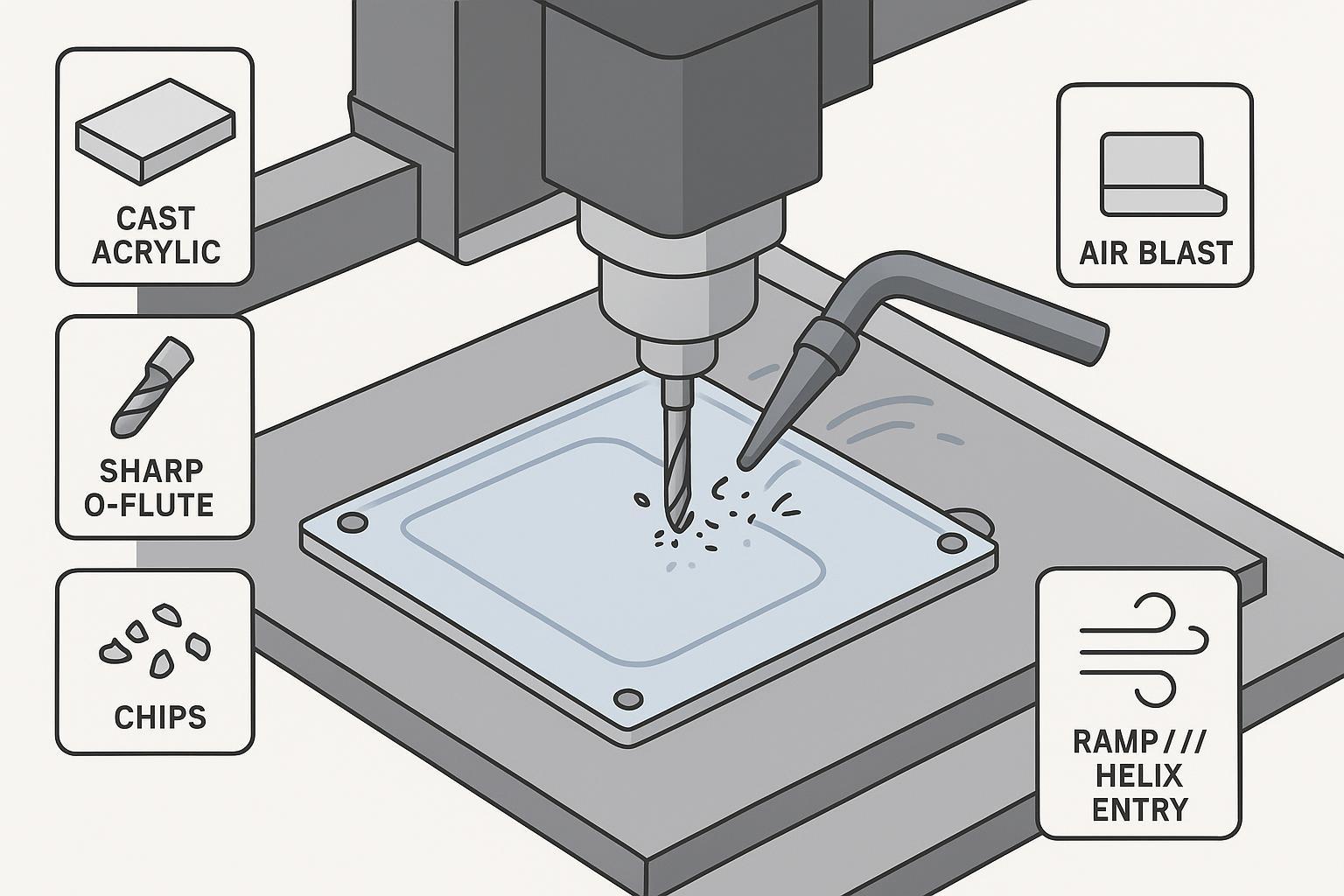 Illustration of a CNC router cutting acrylic with an O-flute bit, air blast chip evacuation, and secure workholding