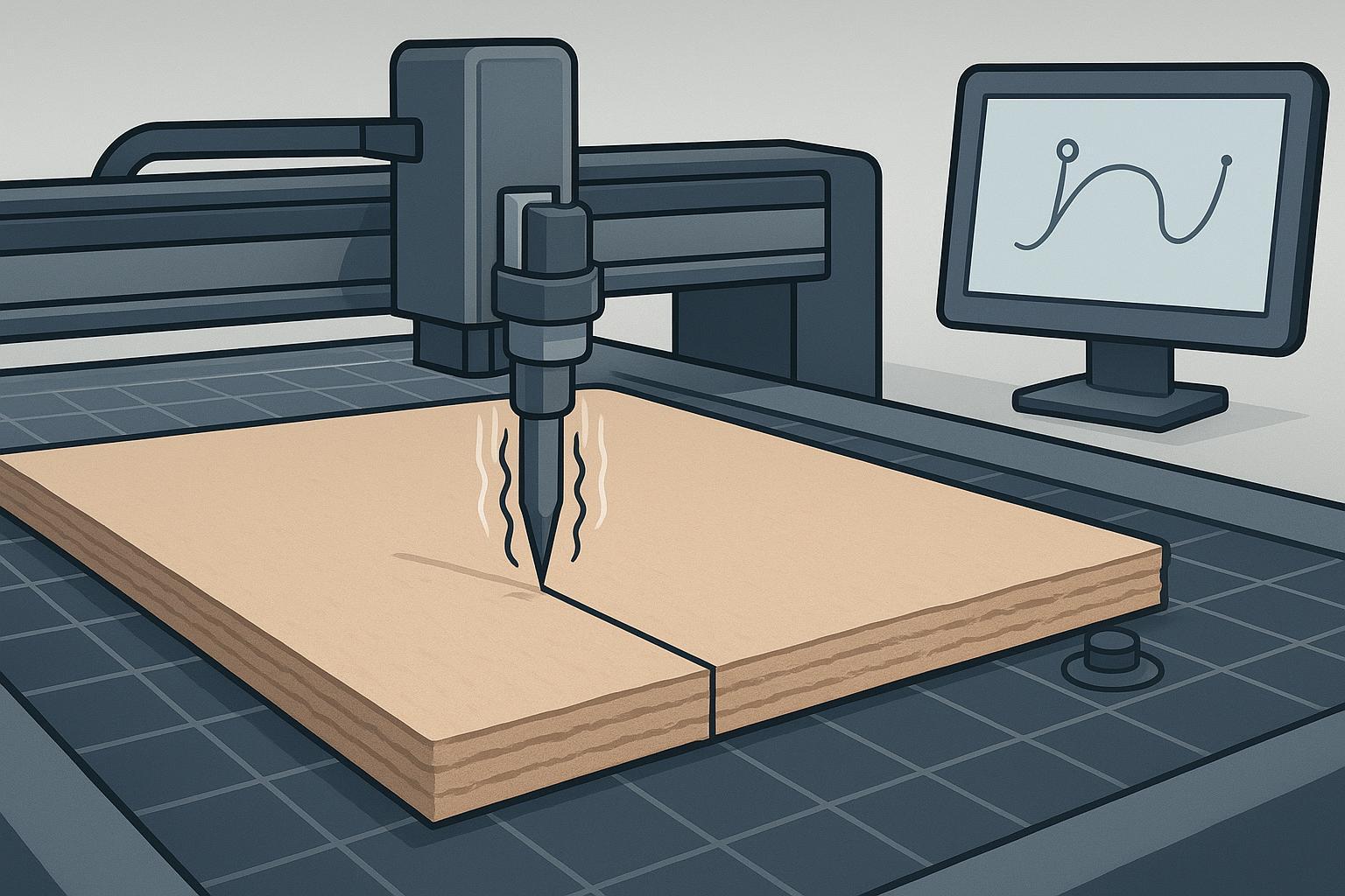 Illustration of an oscillating knife cutting machine: a powered blade moving up and down to slice through thicker soft or fibrous sheet material on a CNC digital cutting table