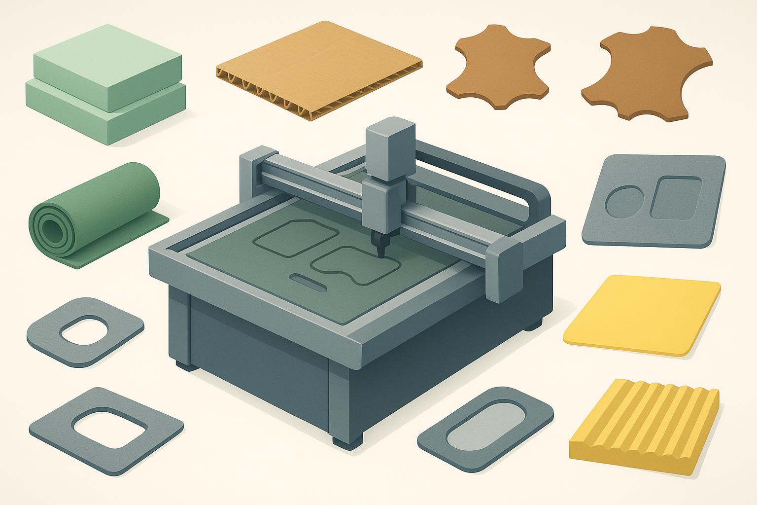 Infographic-style illustration showing a CNC knife cutter and the common soft to semi-rigid sheet materials it can cut, including foam, corrugated cardboard, leather, textiles, felt, rubber, PET panels, and vinyl