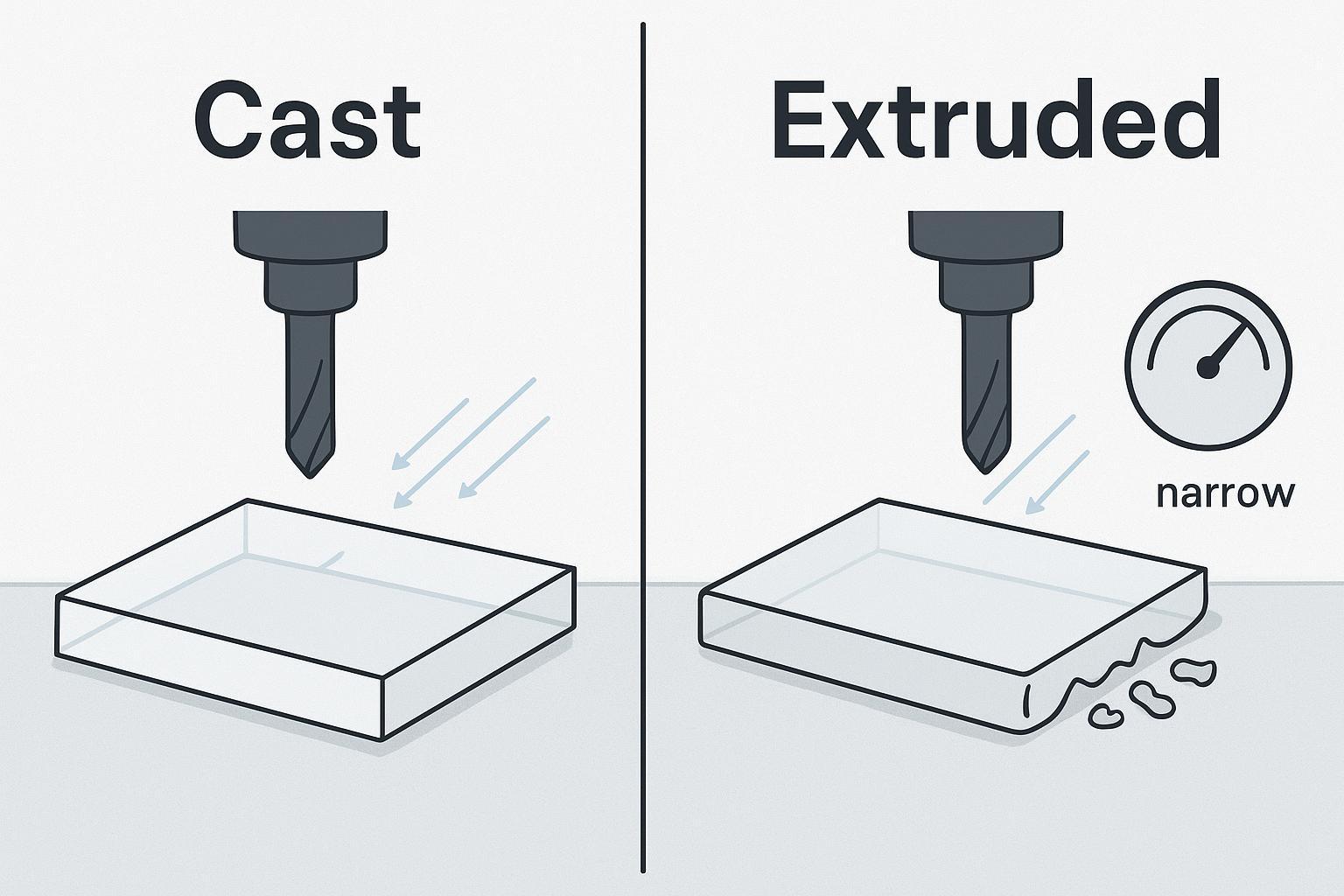 Illustration comparing cast acrylic vs extruded acrylic for CNC routing: edge quality and melting risk