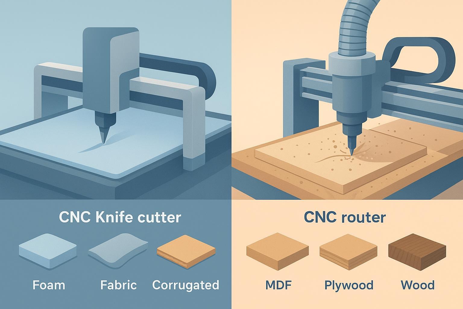 Split-screen infographic illustration comparing a CNC knife cutter (cold blade cutting soft or semi-rigid sheets) versus a CNC router (rotating spindle cutting wood/MDF and producing chips/dust)