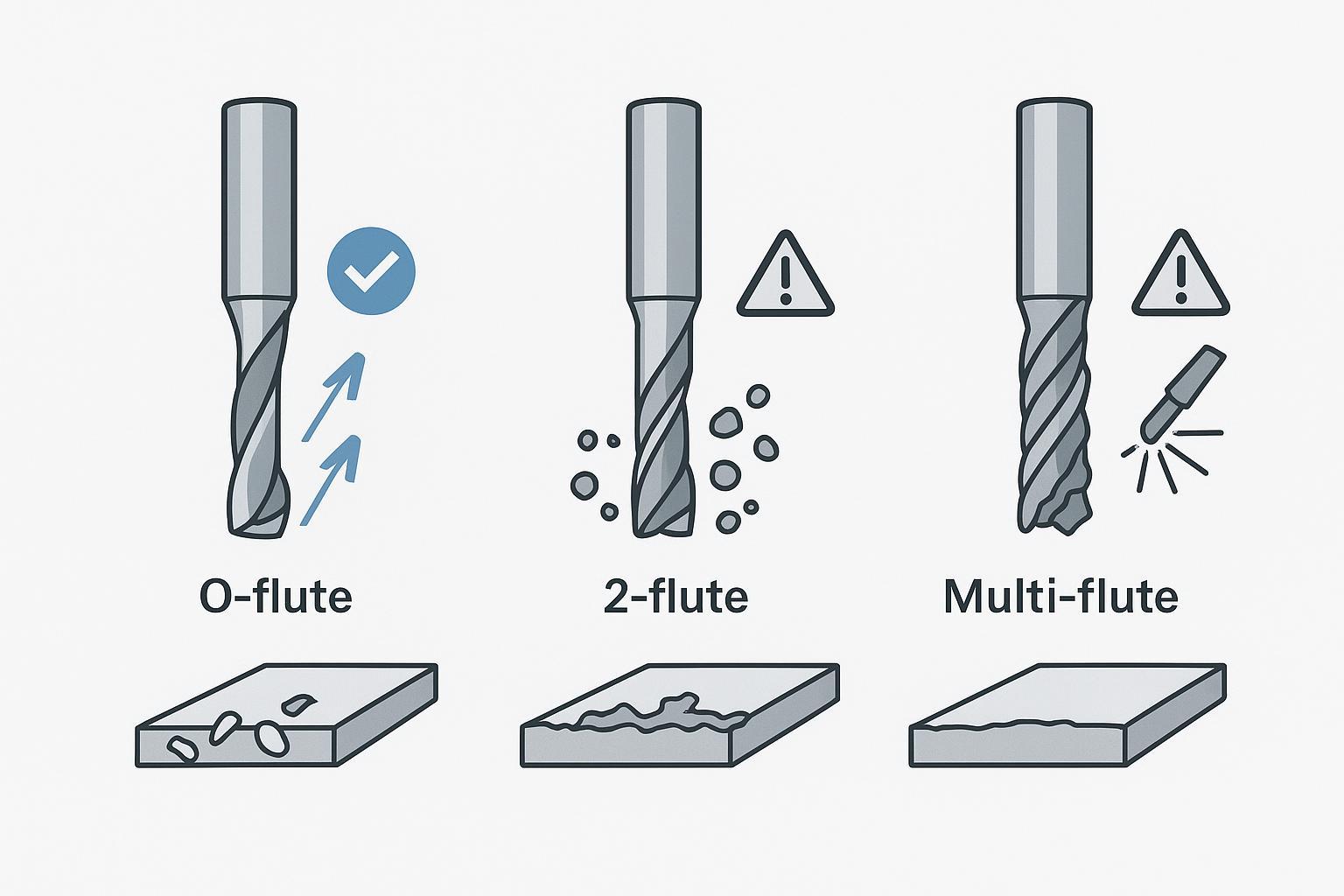 Illustration comparing router bit choices for acrylic: recommended O-flute vs higher-risk multi-flute tools and common failure modes