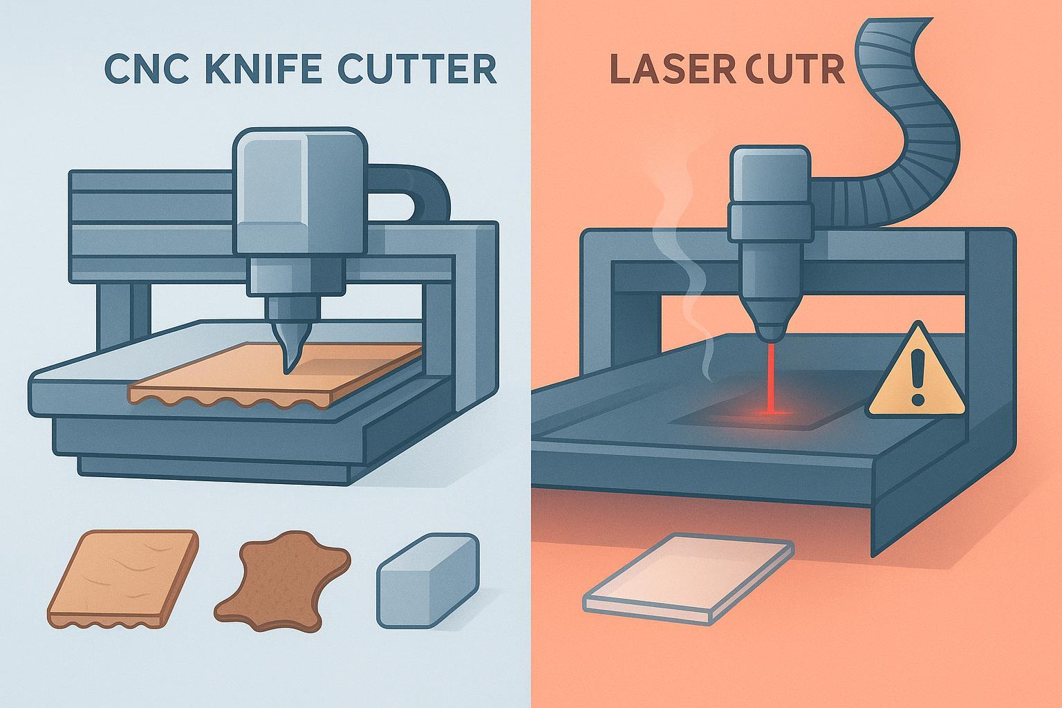 Split-screen infographic illustration comparing a CNC knife cutter (cold blade cutting with minimal heat effects) versus a laser cutter (thermal cutting with possible smoke and heat-affected edges)