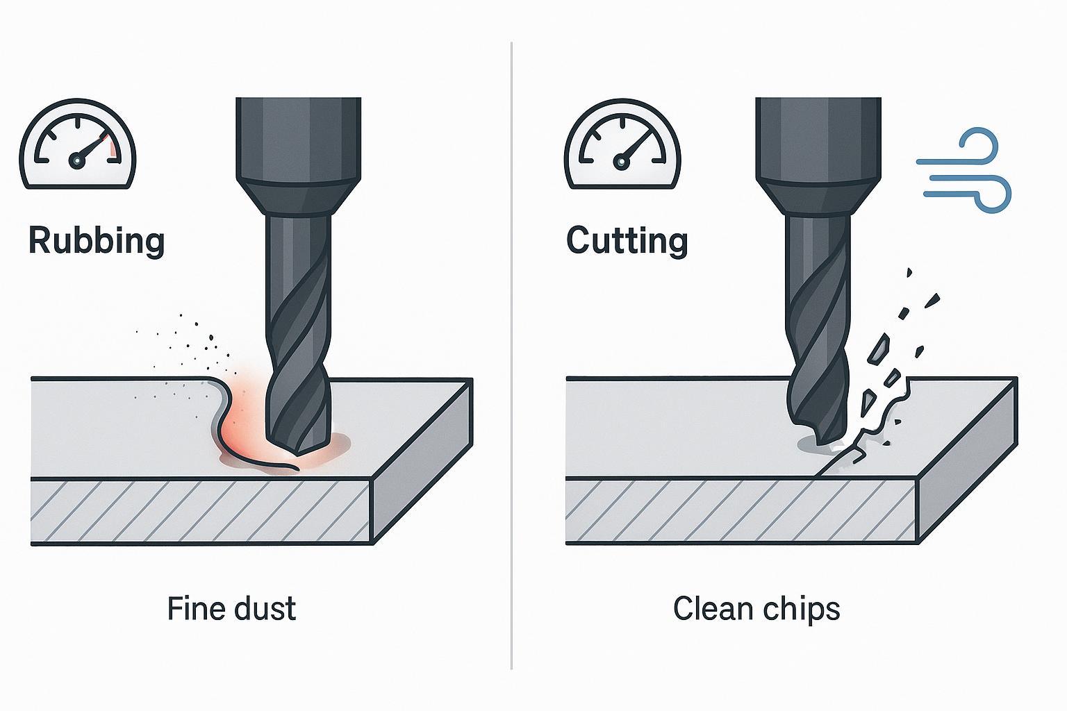 Illustration showing acrylic routing heat control: rubbing (dust/heat/melting) vs proper chip load (chips carry heat away)