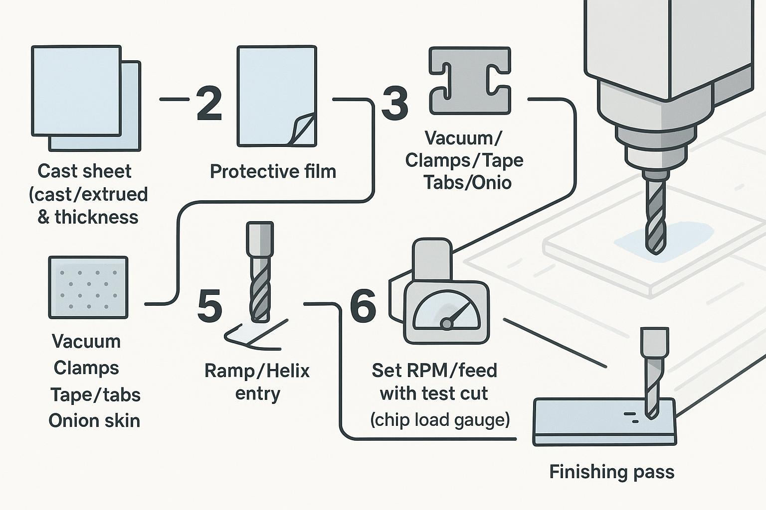 Illustration of a step-by-step workflow for clean acrylic CNC routing: material choice, workholding, tool selection, ramp entry, feeds/speeds testing, air blast, and finishing pass