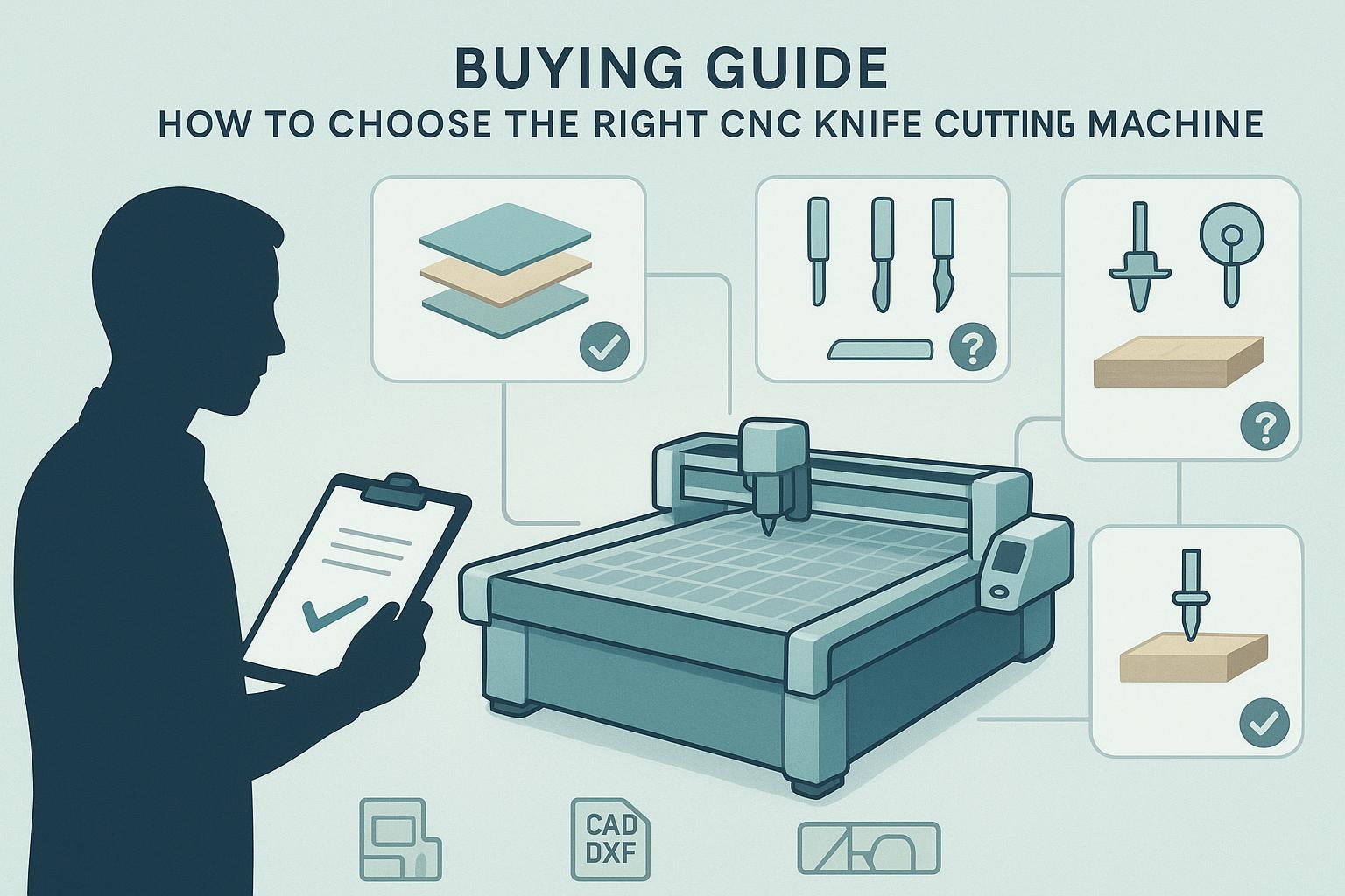 Infographic-style buying guide illustration: key decision factors for choosing a CNC knife cutting machine, including materials, tooling, hold-down/workflow, and when a CNC router is the better fit