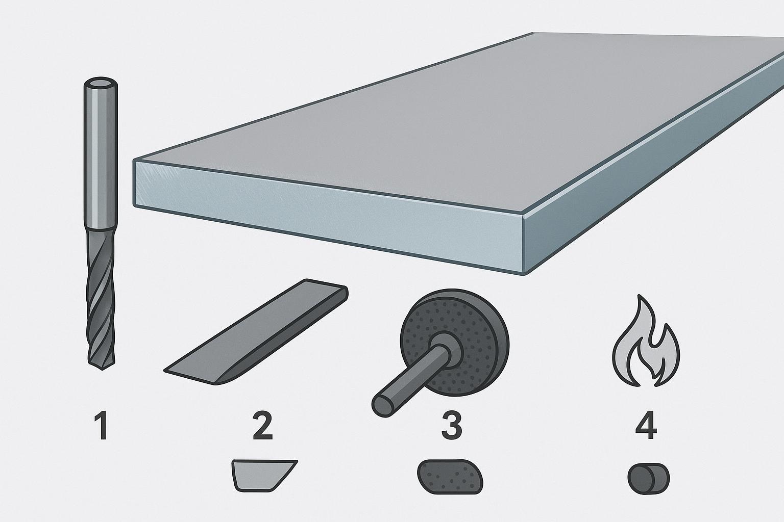Illustration showing acrylic edge finish progression: CNC-routed edge to post-processed clear edge (scrape, sand/buff, polish)