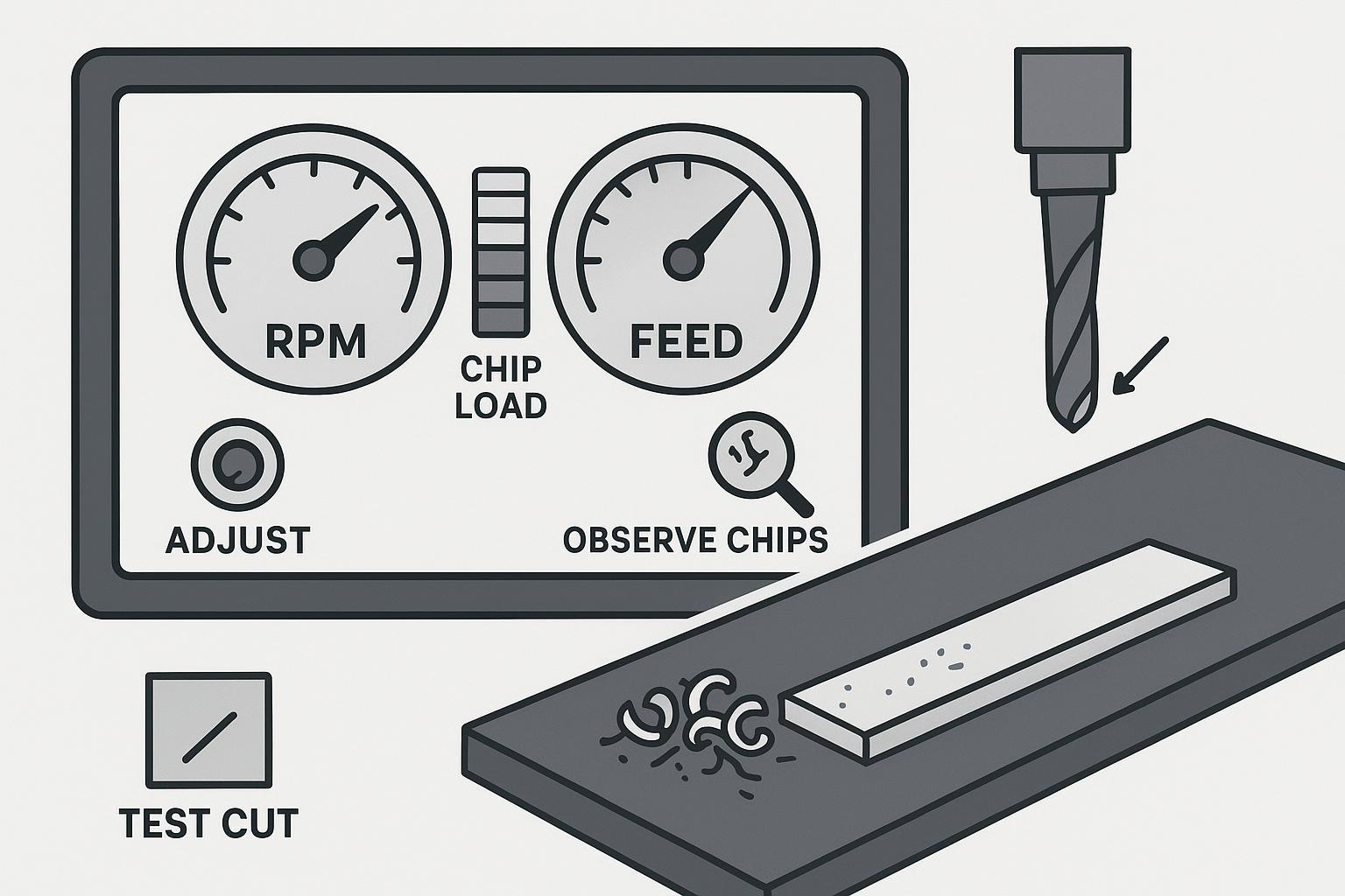 Illustration of dialing in RPM and feed with a test cut: adjust settings based on chip load and chip quality