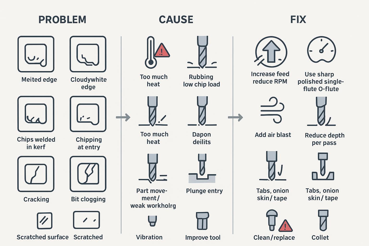 Illustration of acrylic CNC routing troubleshooting: problems, likely causes, and fixes