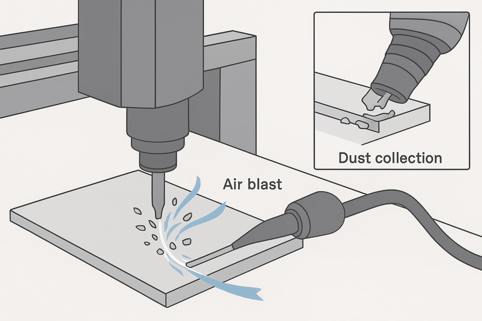 Illustration showing air blast for acrylic CNC routing: focused compressed air clears chips from the kerf better than dust collection alone